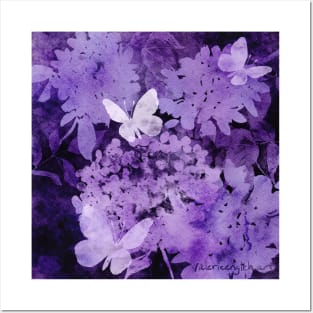 Butterflies and Hydrangeas Negative Painting Purple Posters and Art